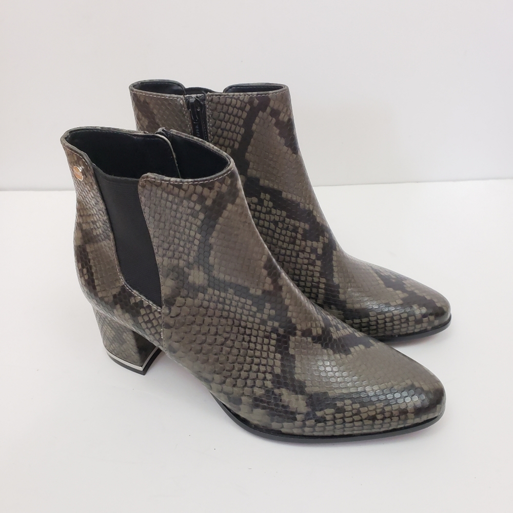 Calvin Klein Fioranna Green and Black Snake Print Heeled Ankle Boots 6.5